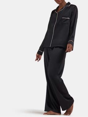 Bluebella Claudia Satin Pajama Set Black Contrast Piping Long Sleeve Small